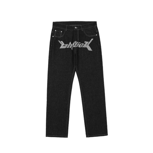 Hot Silver Print Denim Pants Mens High Street Loose Straight-Leg Pants Streetwear Casual Jeans Y2K 