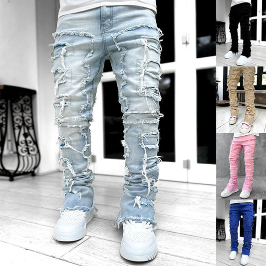  Patched Pants Long Tight Fit Stacked Jeans for Mens Clothing