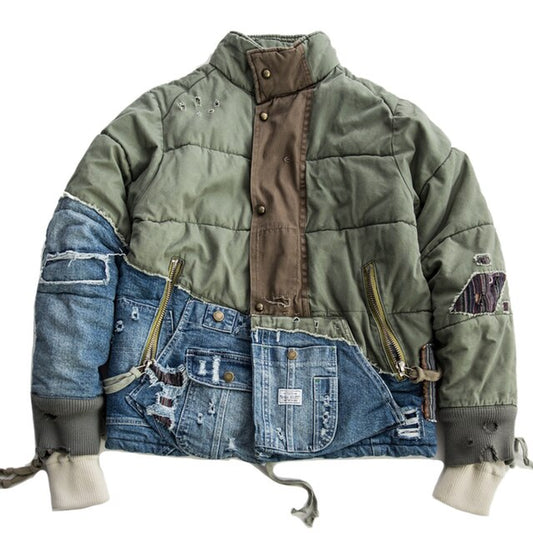 Men'S  Street Hole Patchwork Denim Jacket Streetwear Thick down Cotton Jean Coat