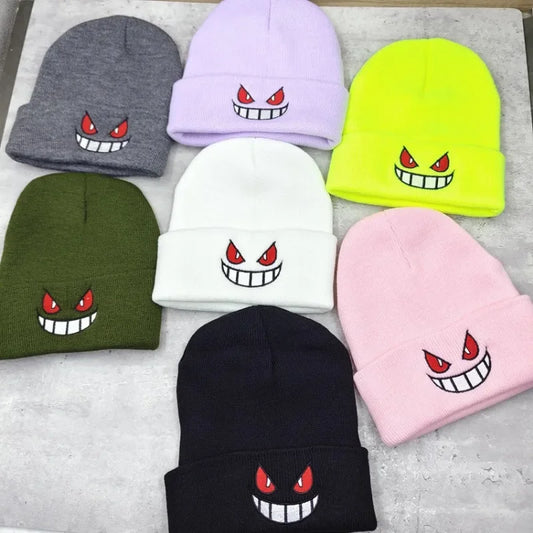 Cartoon  Beanie Embroidery Big Mouth Red Eyes Embroidery Knitted Hat Pullover Warm Woolen Hat